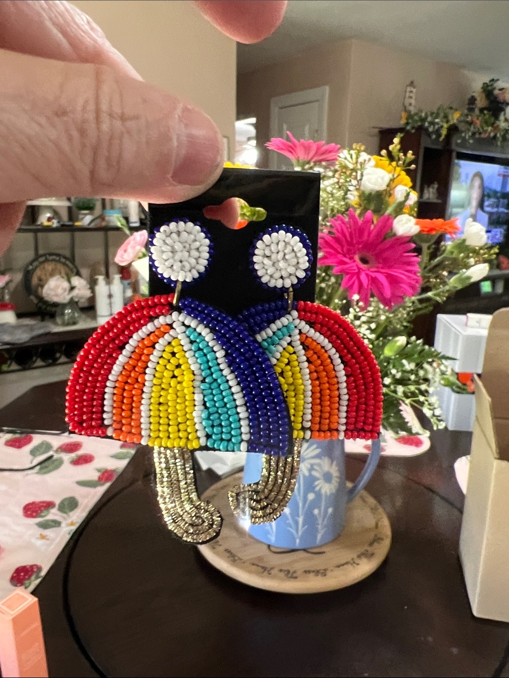New Handmade Beaded Rainbow Statement Earrings - Picture 2 of 2